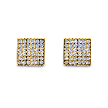 Square Stud Earrings Pave Yellow Tone, Simulated CZ Screw-Back 925 Sterling Silver